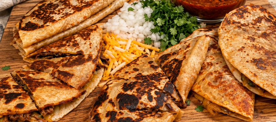 Homemade birria quesadillas with shredded beef, melted cheese and birria dipping sauce